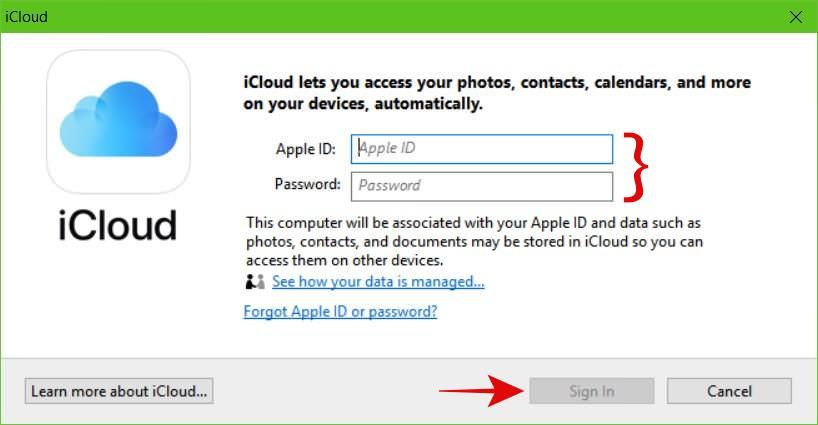 使用您的 Apple ID 在 Windows 上登录 iCloud