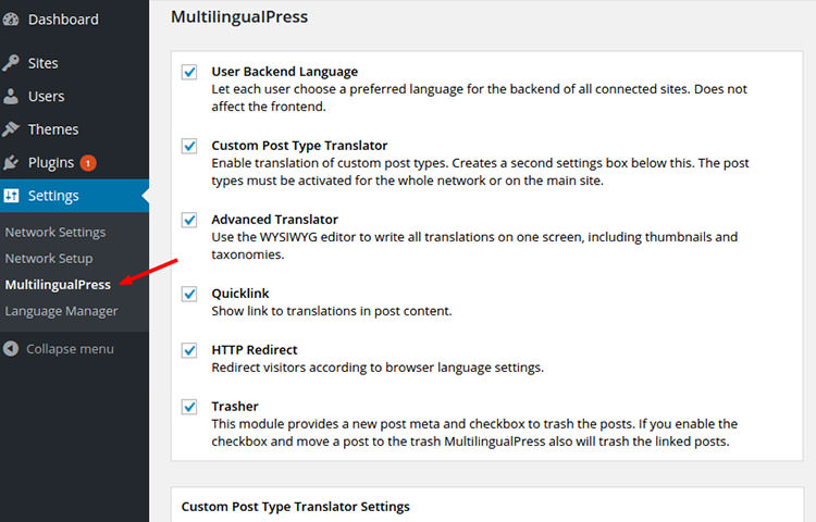 MultilingualPress 设置页面。
