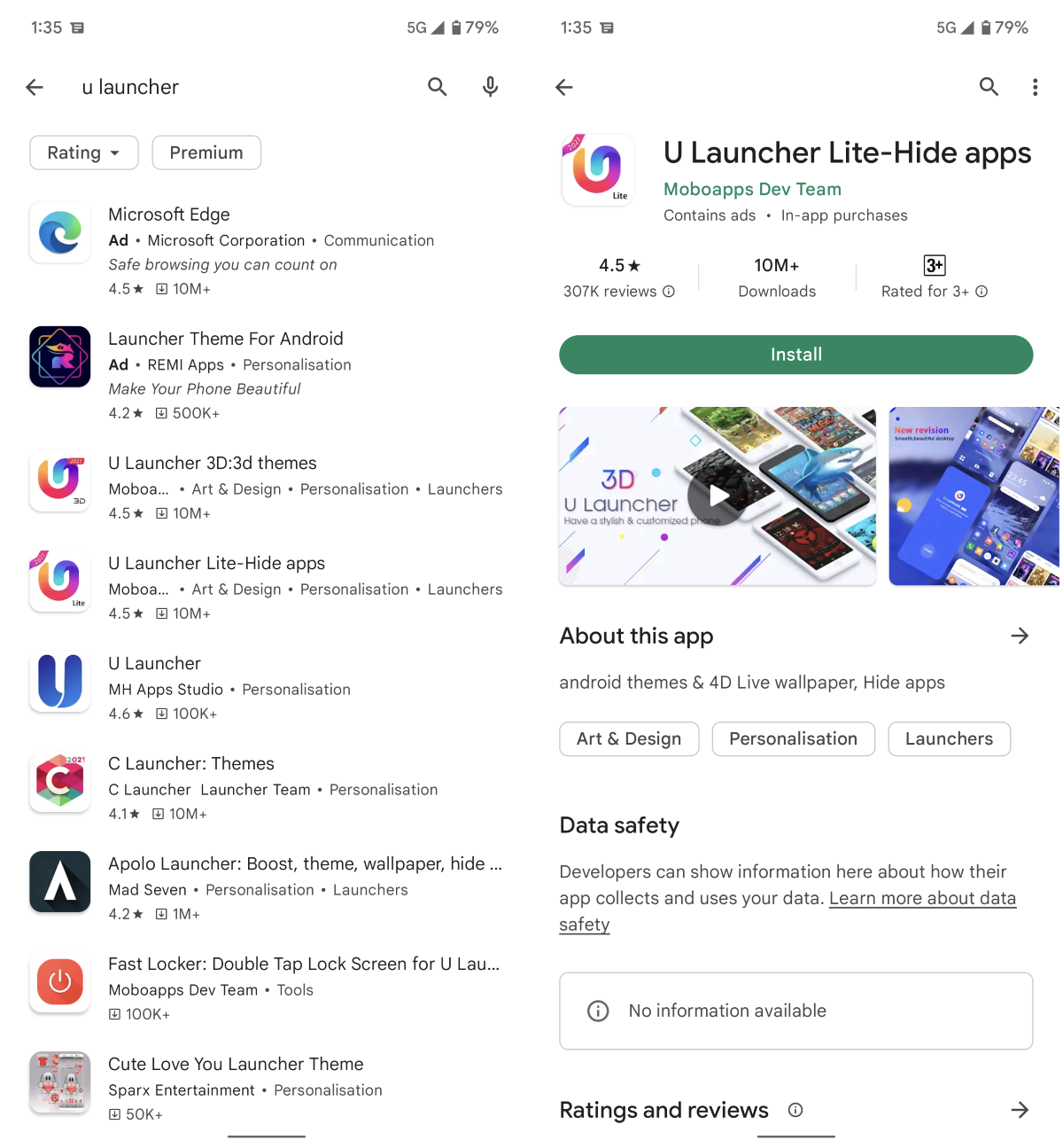 Google Play 商店中的 U Launcher Lite