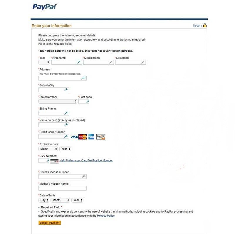 伪造的 PayPal 注册表单